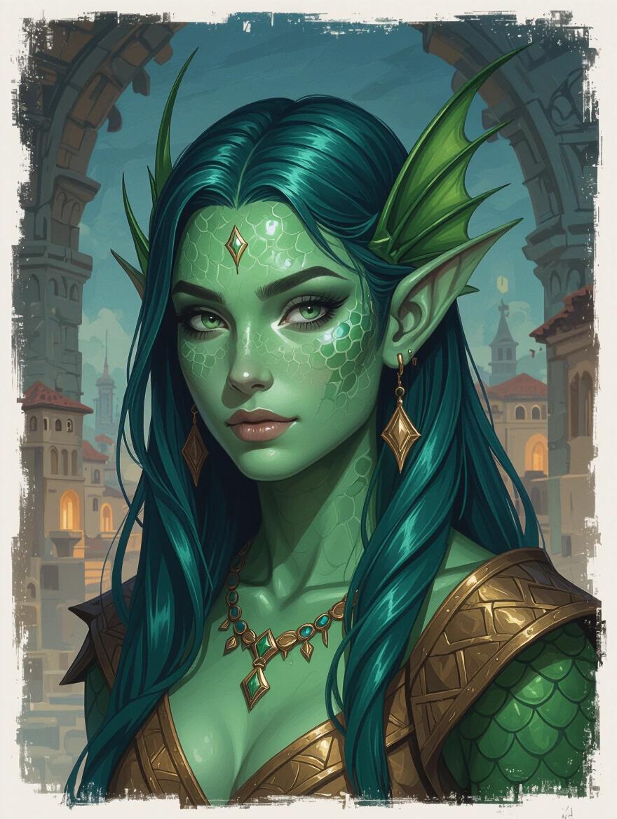 Dark theme oil-painting style illustration of a young Triton female portrait. Exhibits sharp finned ears with green-blue hair. Displays green-blue scaled skin. Set against a harsh ancient Therisian fantasy port city backdrop. Wears Theros fantasy styled clothing. Long hair is slick-backed. Renders a rich mythological character.