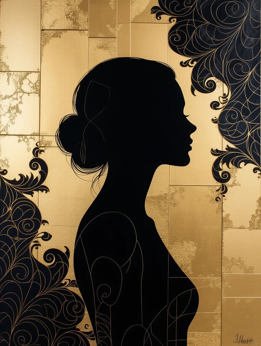 Mysterious portrait of a female silhouette against gold backdrop. Texture includes gold leaf and metallic elements. Swirls and filigree enhance the dramatic feel.