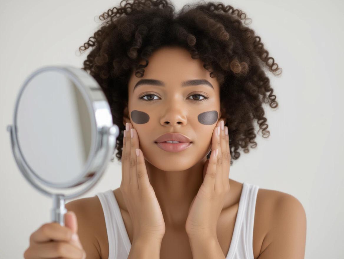 Woman examines skin in the mirror. Dark patches on face. Natural lighting enhances the scene. She appears thoughtful while inspecting. Focus on skin texture and self-care.
