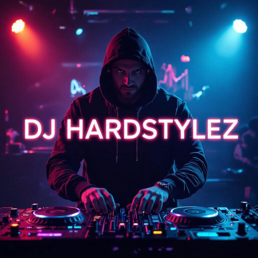 Complex artwork showcasing a DJ performing in a dark neon-lit club environment. Text prominently features DJ Hardstylez and Light Em Up for album cover.