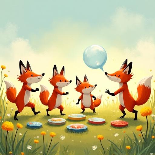 Group of foxes playing hopscotch with painted stones in a meadow of dandelions One fox blowing a bubble larger than itself Playful children's book illustration style Bright tones Exaggerated expressions Joyful energy