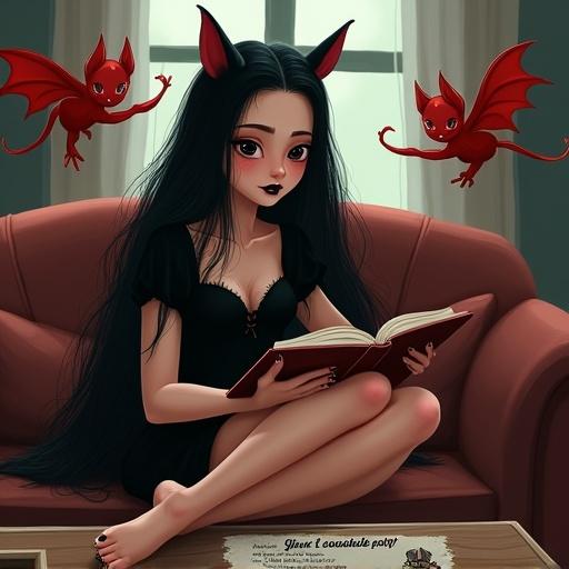 Image features a sorceress with long black hair in a black outfit sitting on a sofa. She reads a book thoughtfully. Her legs are crossed with feet on the table. Three red demons interact around her, painting nails and drawing whiskers. An invitation for a Halloween party is on the table.