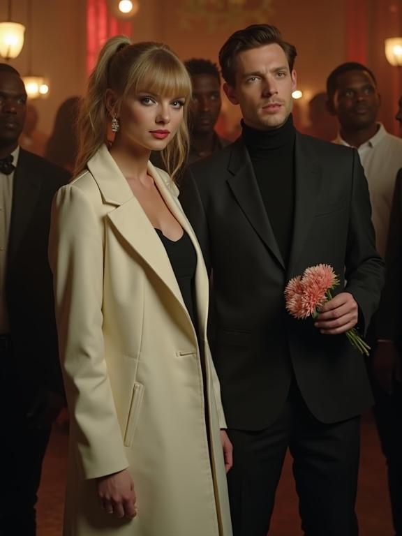 Couple stands together in a dim nightclub. The woman wears a long white overcoat over a black sweater dress. Her long blonde twintails and makeup stand out. The man is in a suit holding flowers. Background features people looking at them.