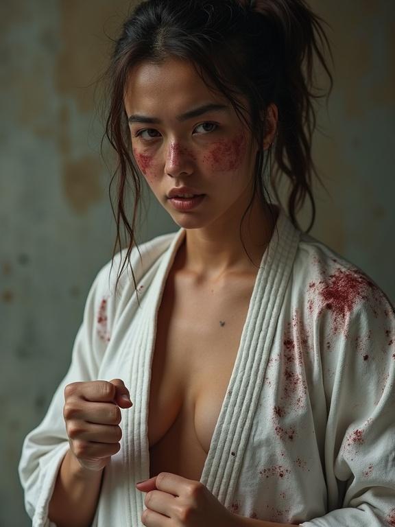 Realistic depiction of an athletic woman with asymmetrical hairstyle. She wears a worn-out karate gi. Body has bloody smudges. Hair appears untidy. Heavy bruises visible on face. She looks exhausted and holds fists up.