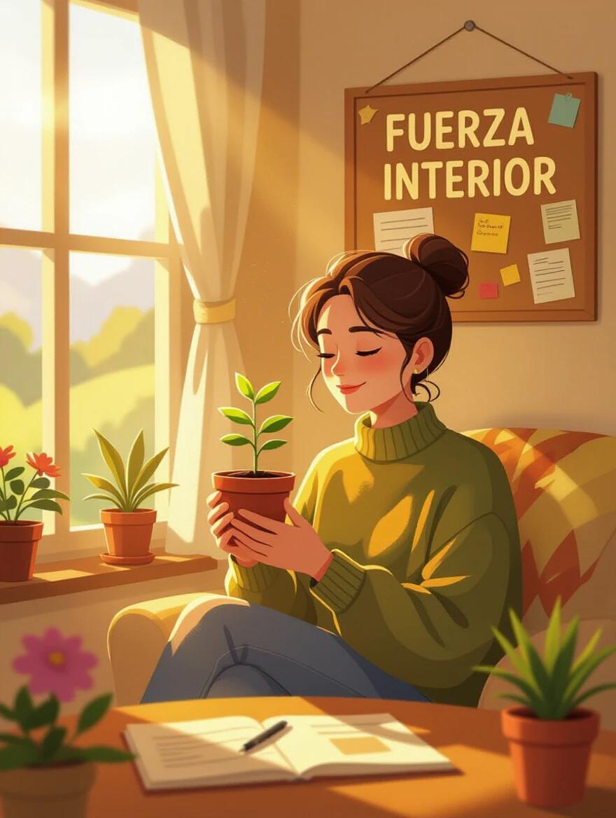 Cozy sunlit room with a person holding a small potted plant. The room is filled with warm sunlight. A bulletin board on the wall says 'Fuerza Interior'. The person has a gentle smile looking at the plant.