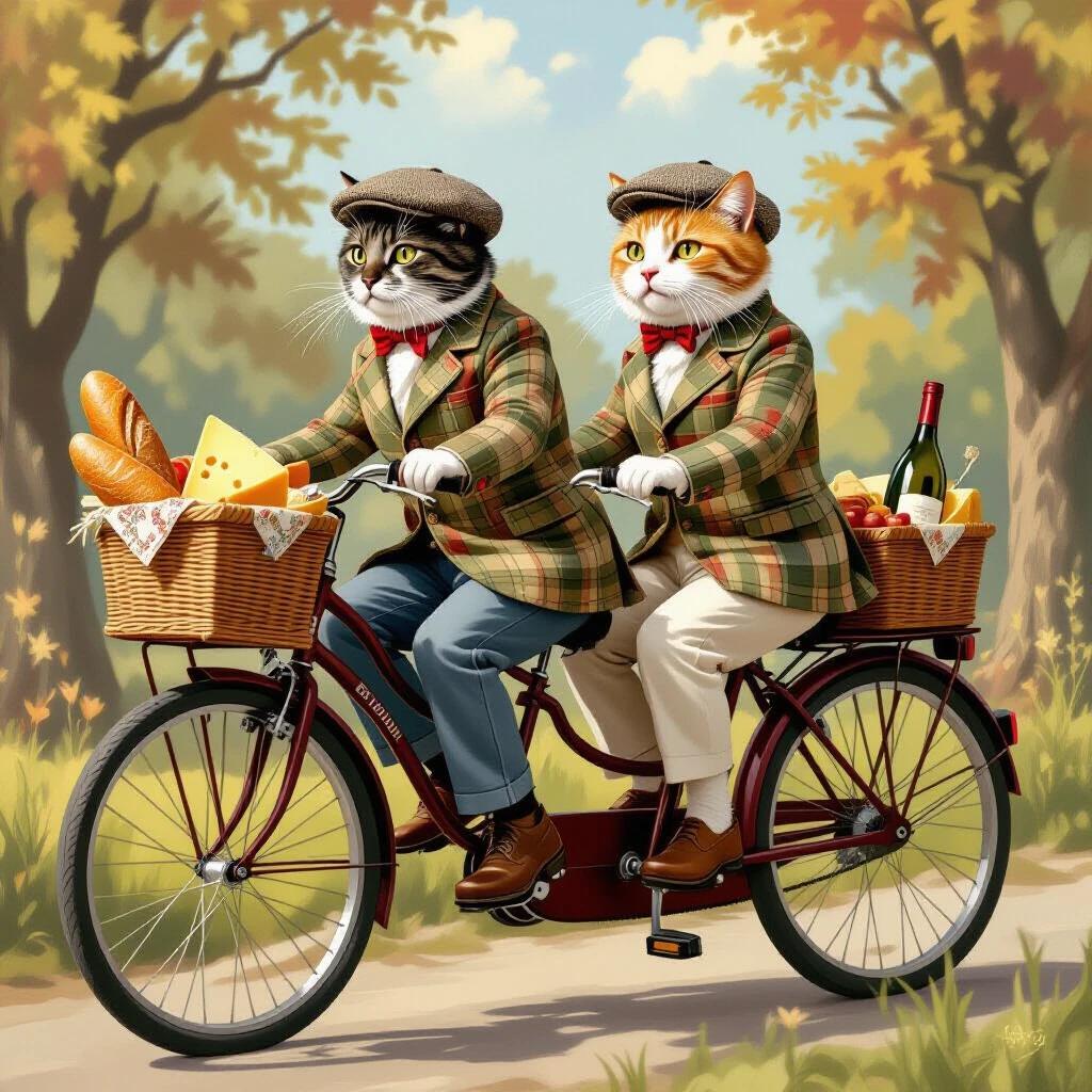 A side view of two cats riding a tandem bicycle. The front cat is pedaling and the back cat is also on a seat and pedaling. The cats are dressed in traditional English countryside attire. The bicycle has a basket with a baguette, a wedge of cheese, and a bottle of wine.