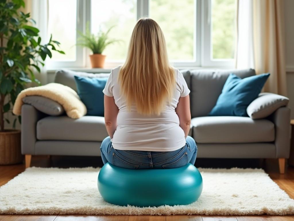 An overweight woman is sitting on a yoga ball, facing away from the viewer. She has long blonde hair and is wearing a white T-shirt paired with blue jeans. The setting appears to be a cozy living room, with natural light coming from large windows. A cream-colored rug lies beneath her, and there is a gray sofa in the background. Green plants and a small side table add warmth to the space, creating a calm and inviting atmosphere.