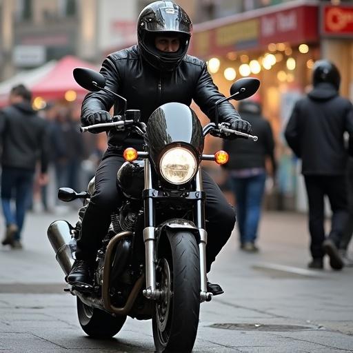 Image of a motorcyclist in black leather outfit riding through a city street. The motorcycle is stylish, modern, and prominently displayed. The background features blurred city life with pedestrians.