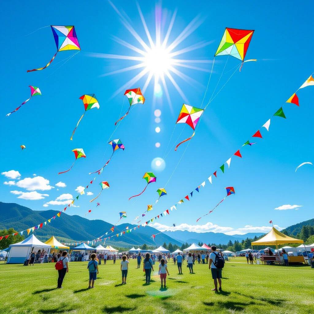 Colorful kite festival with families and children enjoying on a grassy field. Bright sunny day with blue sky and different shaped kites flying. Tents and food stalls in the background with mountains visible.