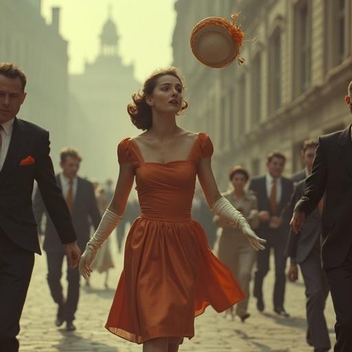 An elegant young lady in a posh orange dress and gloves looks sad and scared running in a protest. A glamorous hat is flying behind her as she moves.