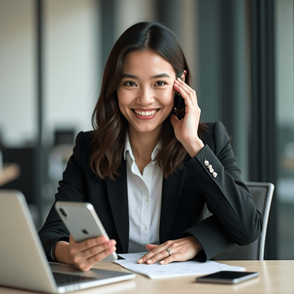 A businesswoman in a suit smiling while on a phone call, holding a smartphone at a desk with a laptop.