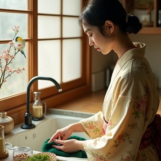 A serene video scene shows a young woman in a vibrant kimono cleaning a kitchen sink. The traditional Japanese kitchen includes wooden counters and sliding doors. Fresh ingredients lay on a bamboo tray, while birds perch on cherry branches outside. Warm sunlight creates a tranquil atmosphere. Close-ups highlight her delicate actions and the textures around her. Soothe with gentle music in the background.
