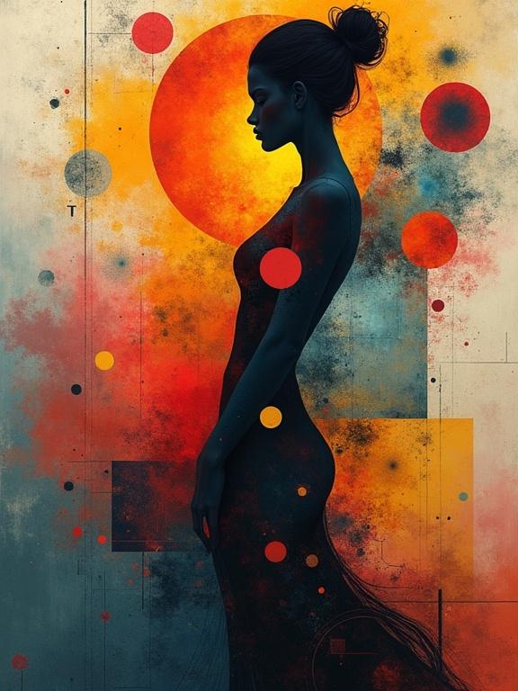 Abstract representation of euphoria through a female silhouette with blending geometric shapes and vivid colors. Background showcases circles, squares, and foggy textures in a style reminiscent of Wassily Kandinsky.