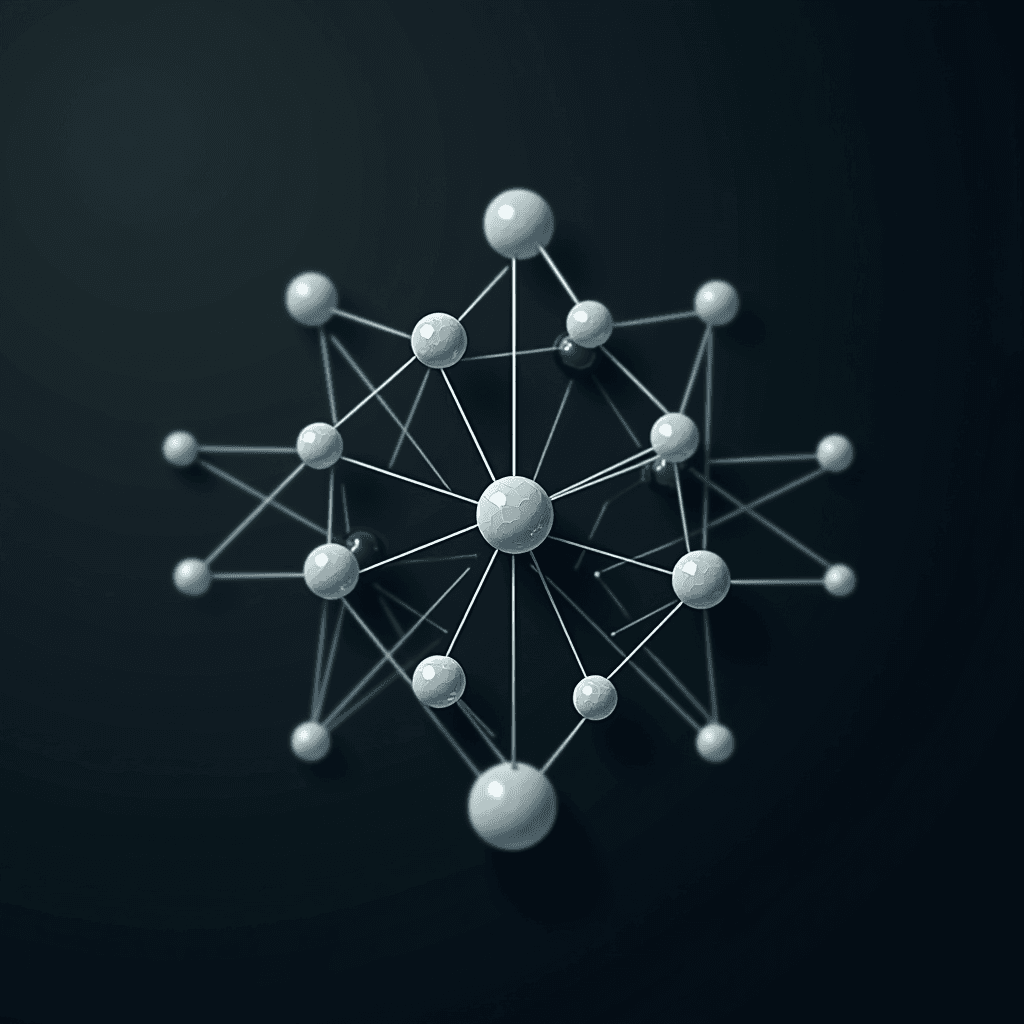 A geometric network of spheres connected by rods forming an intricate pattern.