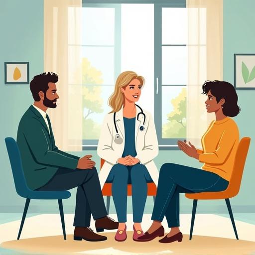Illustration depicts a diverse group of adults in a community room. They are engaged in a meaningful conversation about a difficult topic showing empathy. The group includes a doctor and a psychologist. The atmosphere is warm and welcoming. The colors used are predominantly blues, yellows, greens, and oranges.