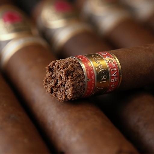 Close-up image of Macron cigars showcasing the cut end of a cigar. Rich brown colors dominate the image with a luxurious feel. Cigars arranged elegantly to highlight craftsmanship.
