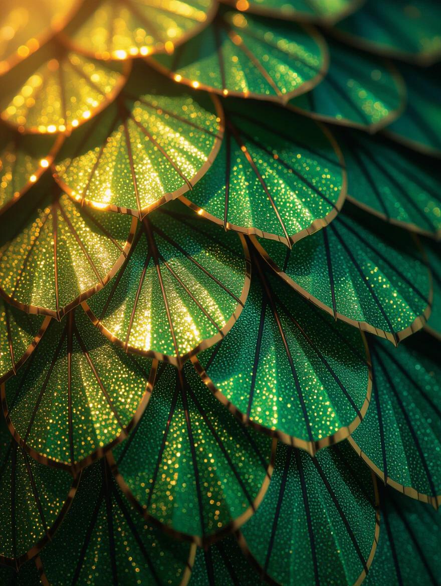 Close-up view of overlapping wing-scale formations from butterfly wings. Iridescent shades of emerald green teal and translucent amber dominate the composition. Scales fill the frame from bottom to top. Warm light creates golden highlights and sparkling reflections. Edges of the scales are outlined with metallic gold, enhancing the luxurious feel. Smooth and glossy surface texture with subtle color variations. Low viewpoint emphasizes complexity and scale. Ethereal ambiance evoking enchanted nature. Macro photographic style with shallow depth of field blurring the background. Wonderous opulence with a hint of mystery.