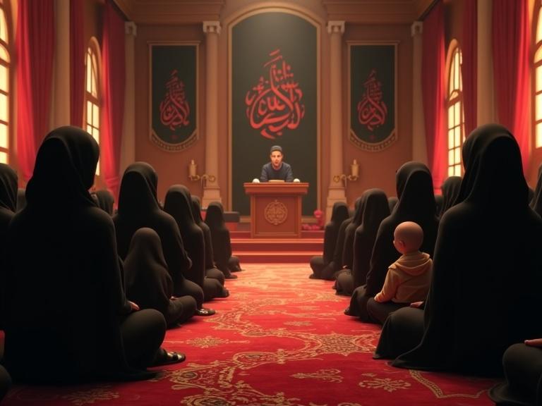 Indoors space for a Hussaini gathering. Soft warm lighting creates peaceful ambiance. Rich red and gold Persian carpets on the floor. Black banners with Arabic calligraphy on walls. Seats filled with mothers and their children in black attire. A wooden minbar with speaker at front. Children attentive or fidgeting slightly. Atmosphere spiritual and reflective. Styled in Disney 3D animation with realistic cloth movement.