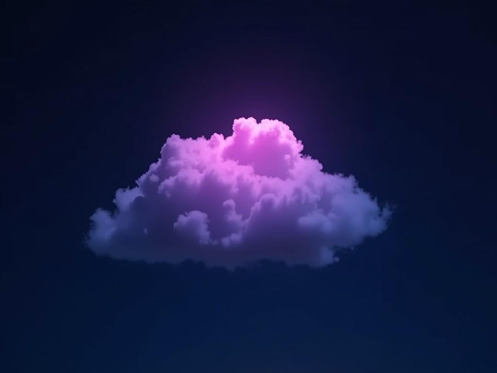 The image features a small cloud glowing bright purple from within, set against an empty dark sky. The contrast between the glowing purple and the deep blue-black background creates a mystical atmosphere. The cloud appears soft and fluffy, giving it a whimsical quality. This captivating scene evokes a sense of wonder and creativity. It's perfect for digital art projects that need an imaginative element.