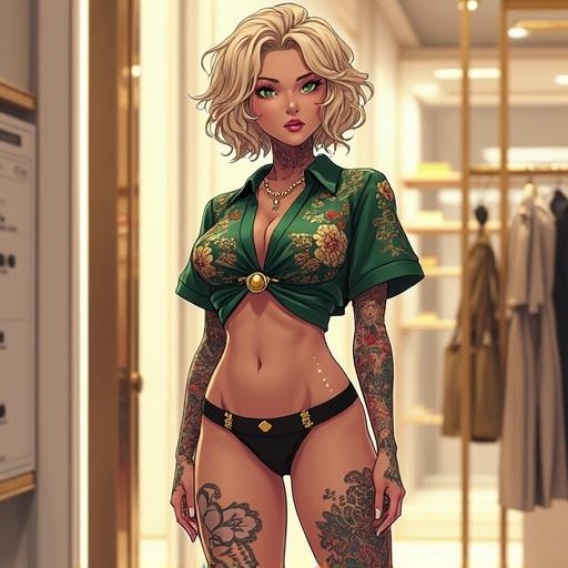 Anime depiction of a 67 year old woman with emerald green eyes and light blonde curly hair. She wears light pink diamond jewelry in a luxurious Dior store. Her attire includes a heavy metal printed shirt and shiny short shorts, showcasing tattoos. The background features opulent shopping decor.