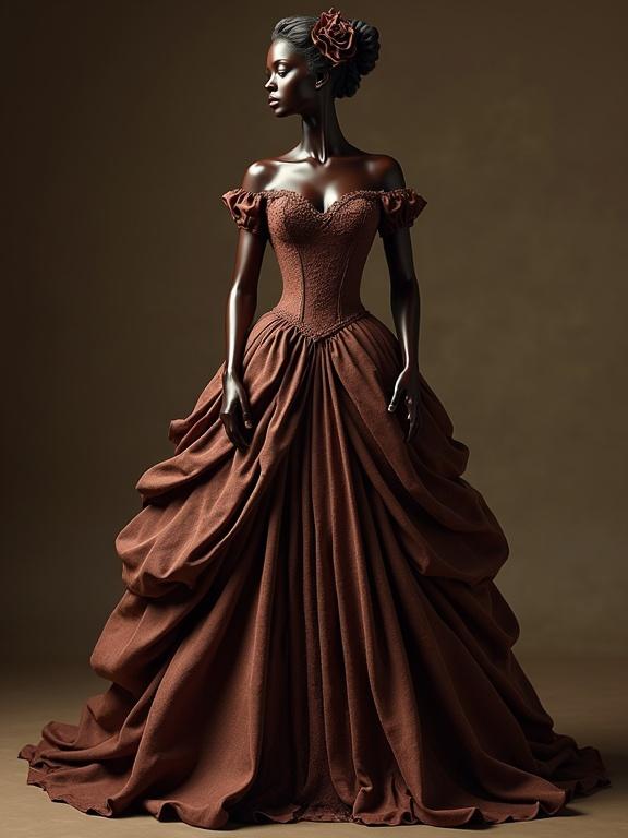 A 3D illustration of a woman's body in a Victorian style dress made of chocolate. The gown features an intricate design with ruffles and is elegantly shaped.