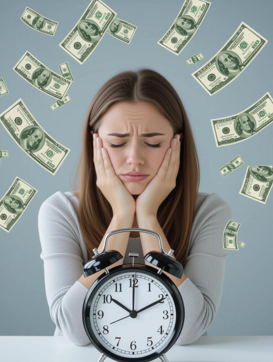 Image depicts a woman looking tired and overwhelmed. She is surrounded by floating money. A clock with no hands is in view. Symbolizes lack of time and money.