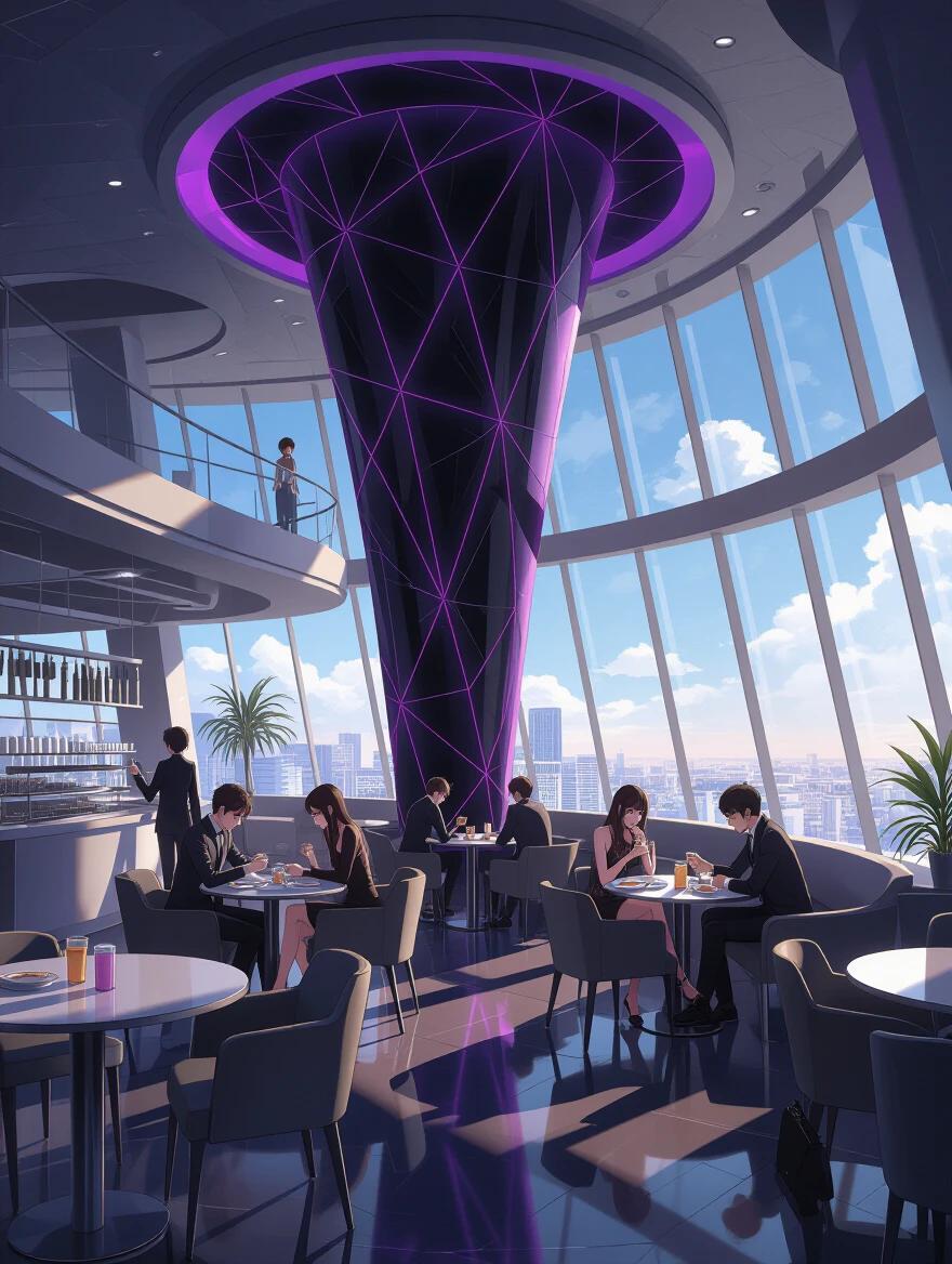 An oversized modern cafeteria in a luxurious building. Futuristic design elements include amethyst purple and black features. Employees of the Black Hole Society enjoy breakfast. Bright summer morning light pours in through large windows. View from the dining area emphasizes the unique cylindrical structure.