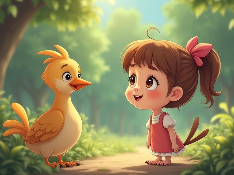 A cartoon scene featuring a girl smiling at a bird in a forest setting. The girl wears a pink dress and has brown hair tied with a bow. The bird looks curious and is standing silently.