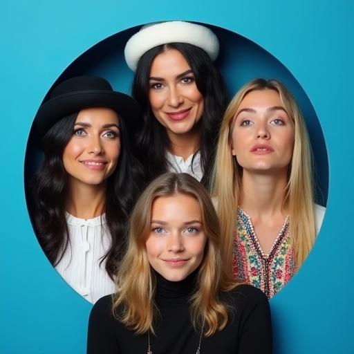 Four women emerging from circular opening. One woman wears white beret with pleated collar and mask. Another wears black beret with colorful collar and mask. A younger woman sits, wearing black dress. All women smile and look at the viewer. Background is blue.