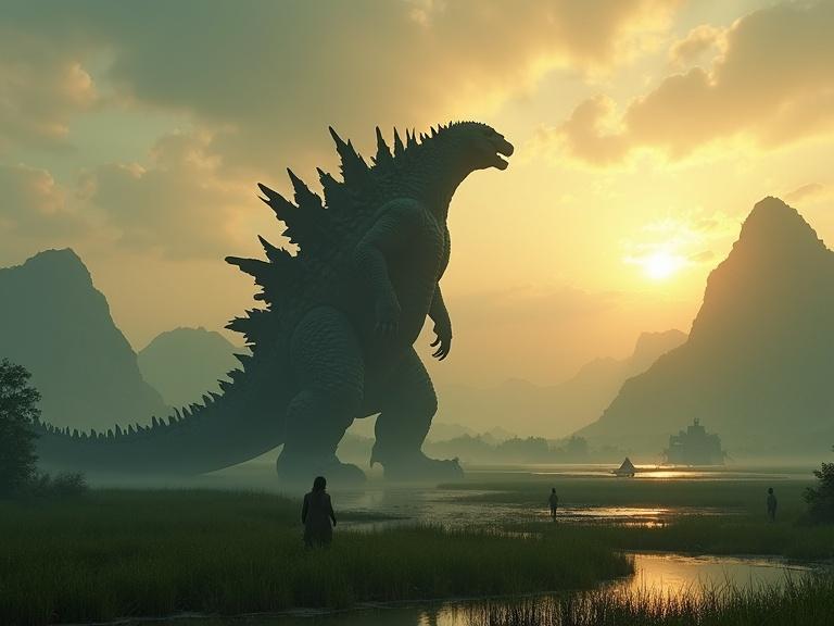 A massive Godzilla towering over a scenic landscape. Dark grey and bulky figure with wide dorsal spines. Thick legs and big feet walking through grassy marshlands. Small village and people in boats visible. Background features grey stone temples and distant mountains under a cloudy orange sunset. Atmospheric and realistic details with shadows and reflections.