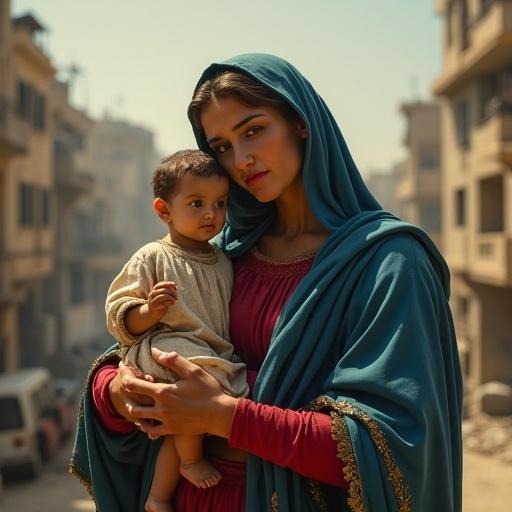 Modern portrait of an Arab Madonna with Arab child. Urban Gaza setting with blurred bombed houses in the background. Contemporary clothing in Marian colors. Soft cinematic light. Realistic expressions in a spiritual atmosphere. Modern reinterpretation of sacred symbolism.