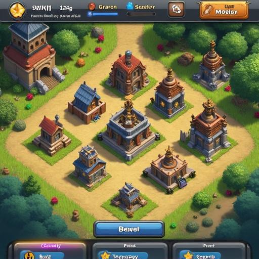 Strategy game user interface concept art. Town building layout with different structures. Organized UI display. Three buttons in bottom right corner: Build, Technology, Generals. Modern style and detailed rendering.