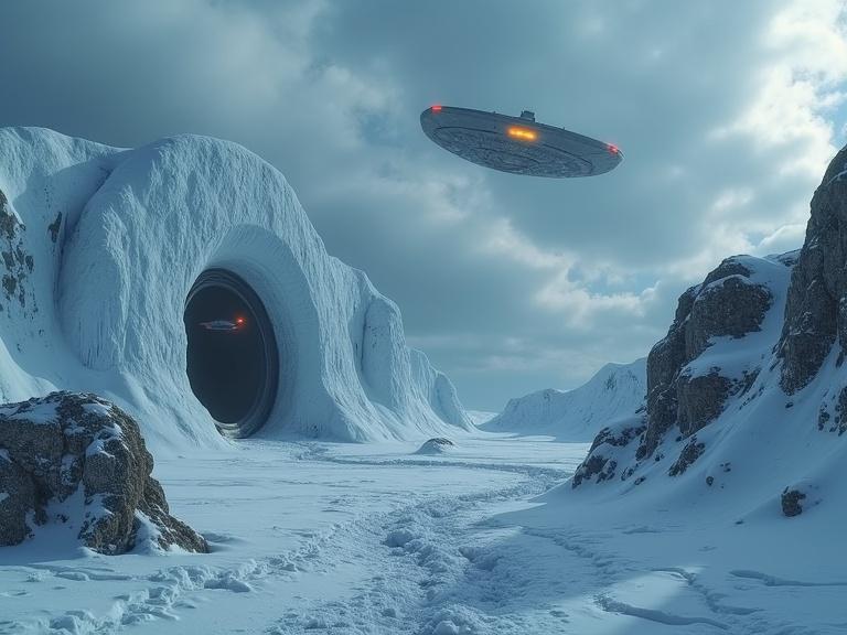 A surreal composite scene with a massive underground base entrance hidden beneath the ice. Strange lights glow from it. A hovering unidentified craft appears futuristic. Ancient stone ruins sit partially buried in the snow, covered in cryptic symbols. Ominous storm clouds swirl in the sky. The mood is mysterious and cinematic. Aspect ratio is 16:9.