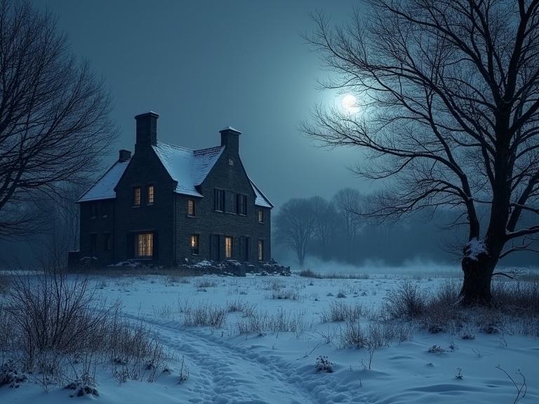A snow-covered moor with an old house. Gnarled trees against dark sky. Winter mist over frozen ground. Icy wind rattles windows. Atmosphere feels eerie and secretive.