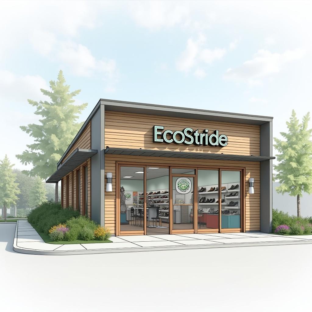 This image showcases a design elevation of a modern shoe store named EcoStride. The structure is single-story and highlights eco-friendly features both inside and outside. The facade includes large sliding doors for accessibility and presents an inviting look. Surrounding the building are lush trees and colorful landscaping, emphasizing sustainability. The overall design is intended to attract customers who value environmentally conscious shopping solutions.