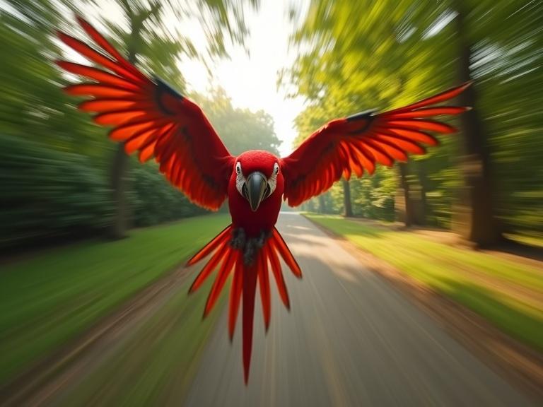 Ultra-macro first-person POV shot of a vividly colored scarlet macaw flying through Taichung Park. Camera is flush against the bird's nape, capturing blurred wings brushing the frame edges. Bright morning light creates a cinematic depth with trees rushing past below.