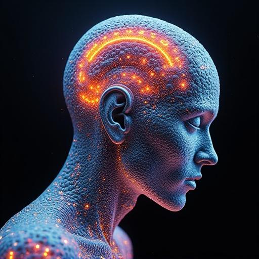 Humanoid head in a bio mechanical style. Features a kaleidoscopic and experimental look. Neon neural patterns visible on the surface.