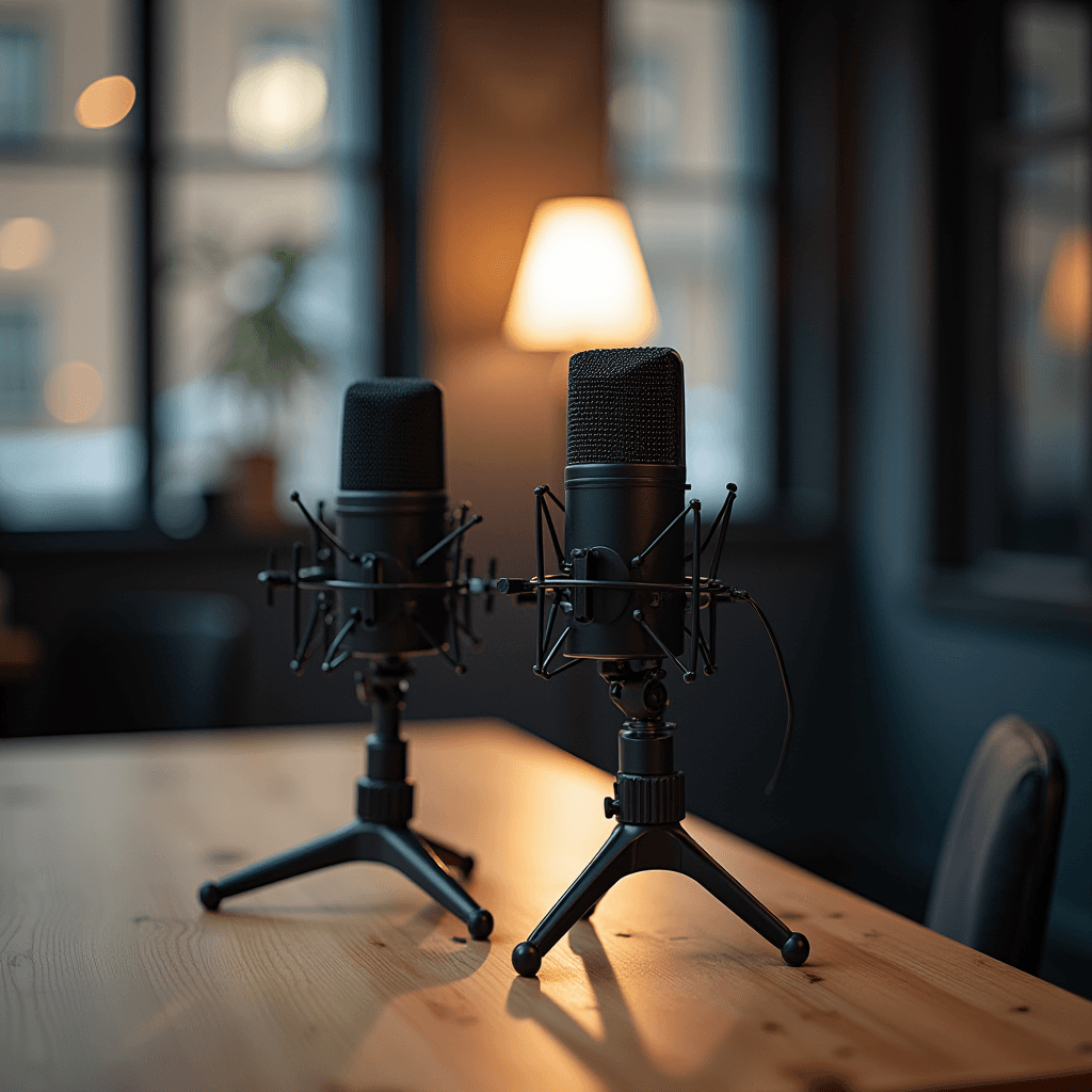 Two professional microphones on a wooden table in a dimly-lit, cozy room with soft lighting from a nearby lamp.