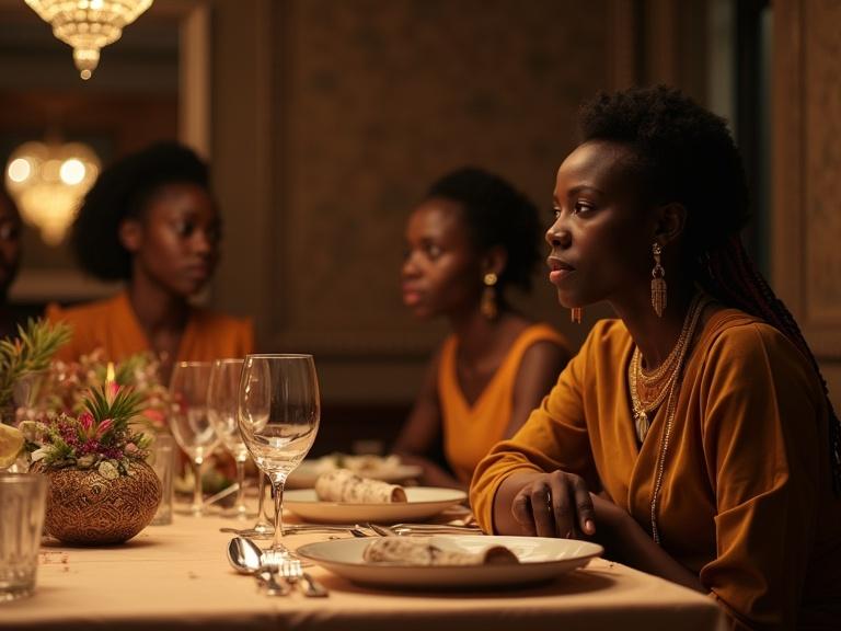 Image depicts an African family at a luxurious dining table. The table is elegantly set with cutlery and decor. A woman in Ankara clothing appears shocked. The ambiance is warm with soft lighting.