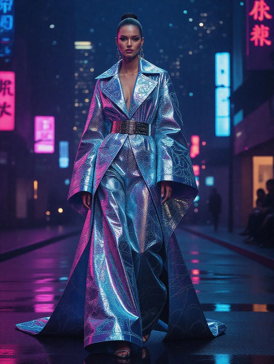 A fashion-forward figure stands in an iridescent ensemble. The city backdrop is neon-lit. The outfit has metallic embroidery and ethereal fabrics. The scene is cinematic and evokes dreamlike qualities. High fashion meets surreal urban aesthetics.