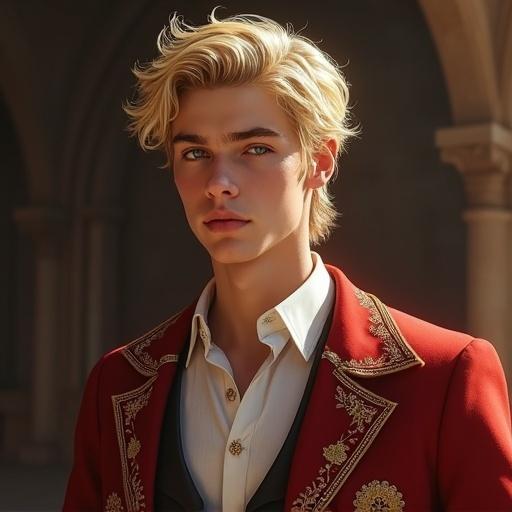 Depicts a handsome young prince with blond hair wearing an ornate red coat.