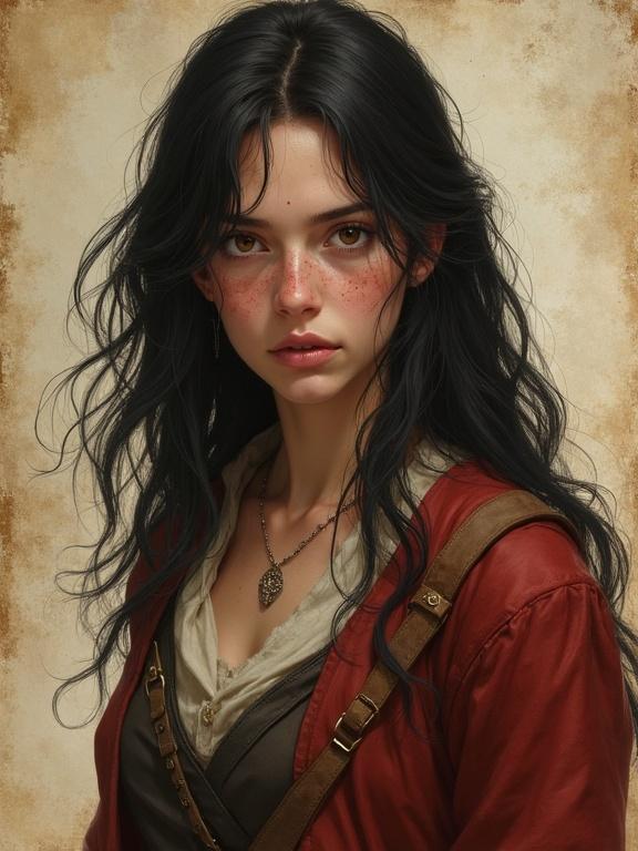 Depict a dangerous halfling in a fantasy style. The character is a 24 years old pretty female with dark hair and brown eyes. She has freckles and a sly, mischievous expression. The background fades into worn parchment paper, illustrating her character as a thief in a medieval setting. The artwork is inspired by the style of Antonio J. Manzanedo, showcasing semirealistic elements in an epic fantasy environment.