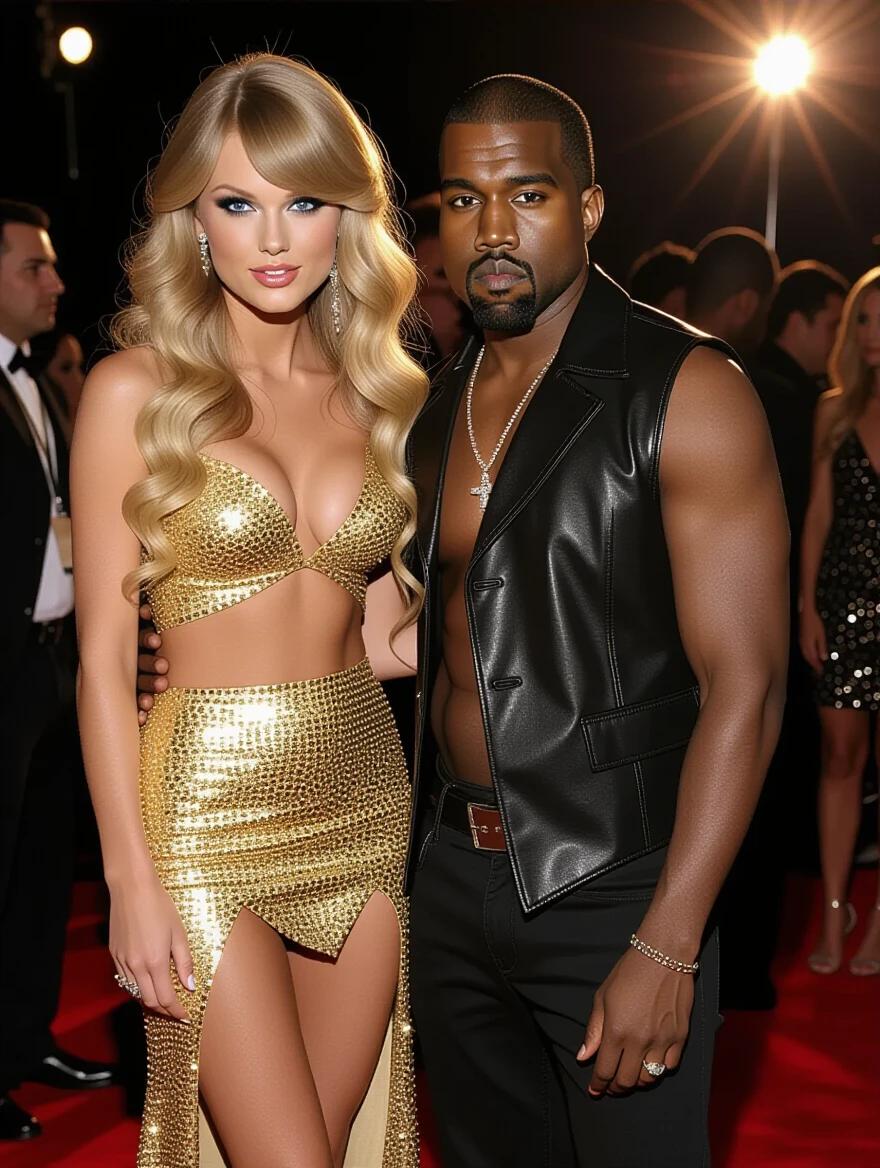 18 year old Taylor Swift and Kanye West at an awards show. Taylor Swift has long, curly blonde hair styled glamorously. Big blue eyes, wearing a shiny gold bodycon dress with a split. She has clear high heels. Kanye West is wearing a black leather vest. They are close together. Taylor looks at the viewer. Kanye's hand is on her leg. Full body shot, candid.