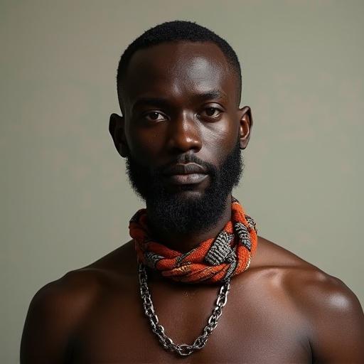 Portrait of an East African man wearing a necklace. Close-up shot focusing on facial features and expression. Skin tone appears healthy and well-groomed. Majestic look with soft, muted background. Natural lighting emphasizes detail in hair and jewelry.