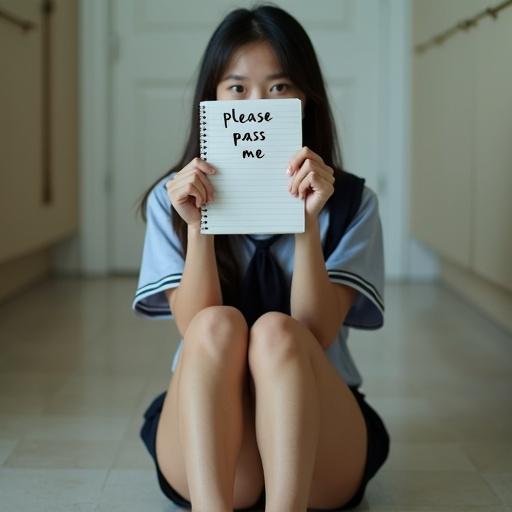 Girl sitting on the floor wearing a bikini. Notebook held above head says 'please pass me'. Room has school uniform scattered. Expression is hyper worried. Realistic portrayal of emotions.