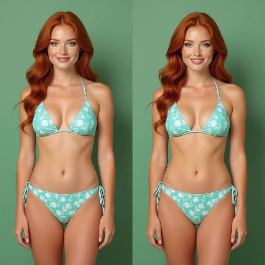 Create an image of a red-haired woman with freckles, skin tone matching hair color, light green eyes. The woman is shown in full body wearing a bikini, no accessories, barefoot, looking straight ahead with a friendly and sweet expression. The bikini color should match the skin tone, highly realistic, high quality, resembling a real woman, with a green background for future video editing.
