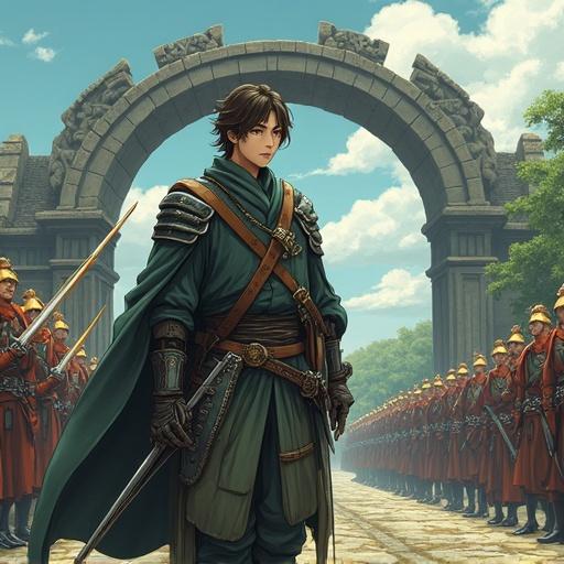 A knight with short brown hair and green eyes wears black armor. A brown belt affixed around the waist. He holds a yellow sword in each hand. In the background, an army of soldiers stands. There is a circular stone portal. A dragon is present. The style is inspired by Japanese animation.