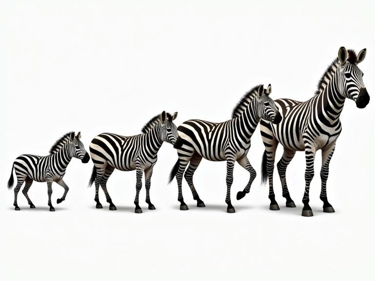 The image depicts four zebras arranged in a sequence showing their evolution. The first zebra is a typical zebra. The last zebra is muscular, standing on two legs. There are two intermediate versions, creating a visual narrative of evolution. The image has no background.