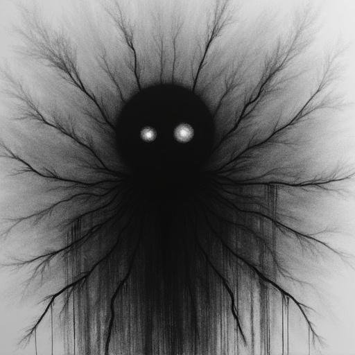 Monochrome pencil drawing with dark irregular shape. Tiny bloodshot eye at center blends into pitch-black background. Dark rays radiate from center. No reflections or contrast. Eerie vibe.