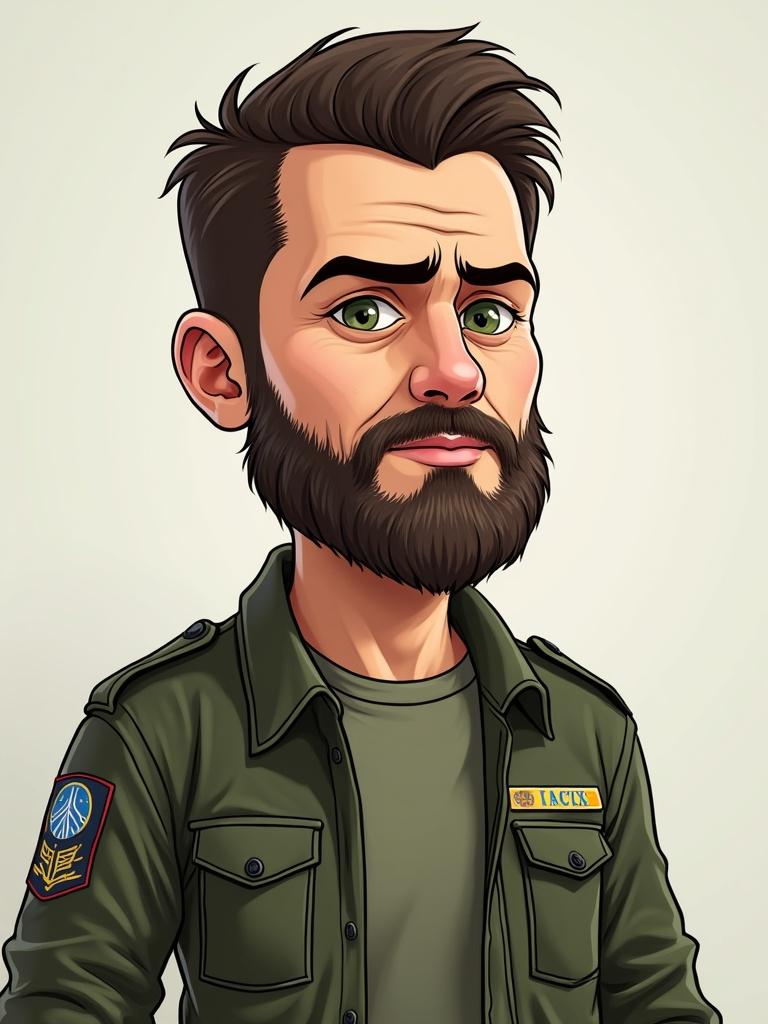 Cartoon of a man with dark brown hair and green eyes. He stands 5 feet 7 inches tall. His appearance shows pressures of wartime leadership. Rugged demeanor with a beard. Wears military-style clothing, olive or dark green. Face shows fatigue with dark circles. A solemn expression reflects stress. Represents commitment to Ukraine's resilience.